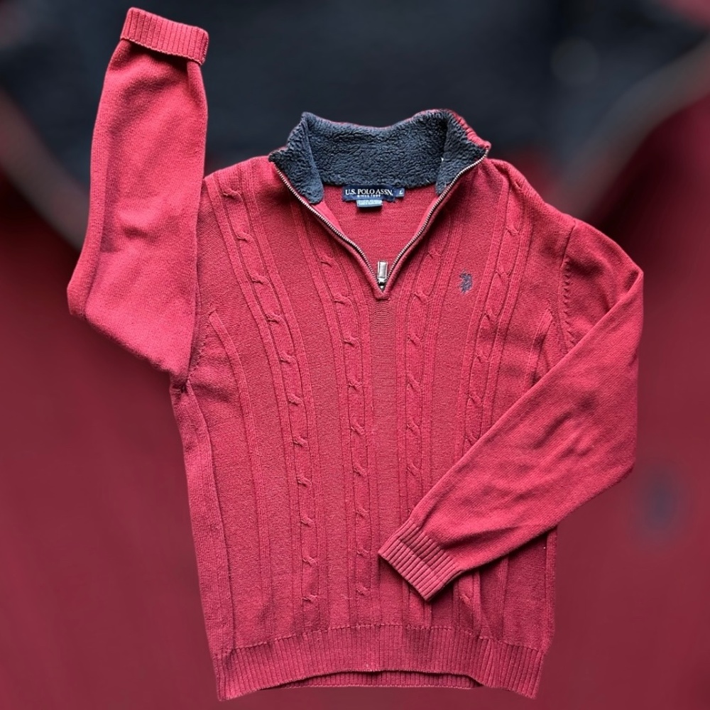 US Polo Assn. Mens Quarter Zip Mock Neck Sweater Large Engine Red